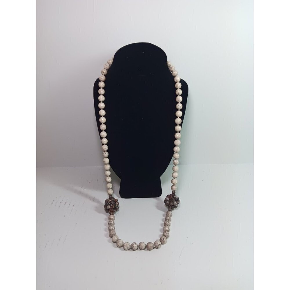 Vintage Natural Stone Marble Beaded Long Necklace Neutral Bohemian